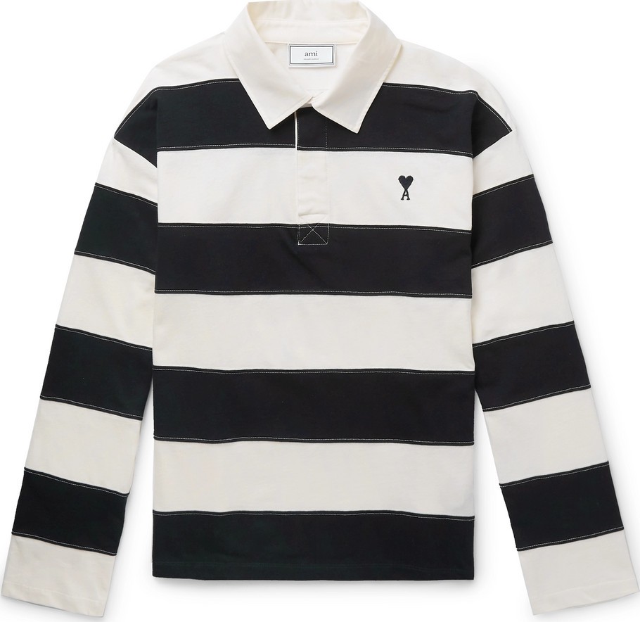 AMI Logo-Embroidered Striped Cotton-Jersey Rugby Shirt