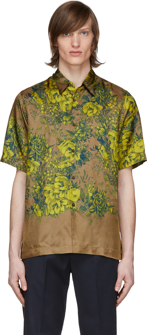 Dries Van Noten Tan Floral Short Sleeve Shirt