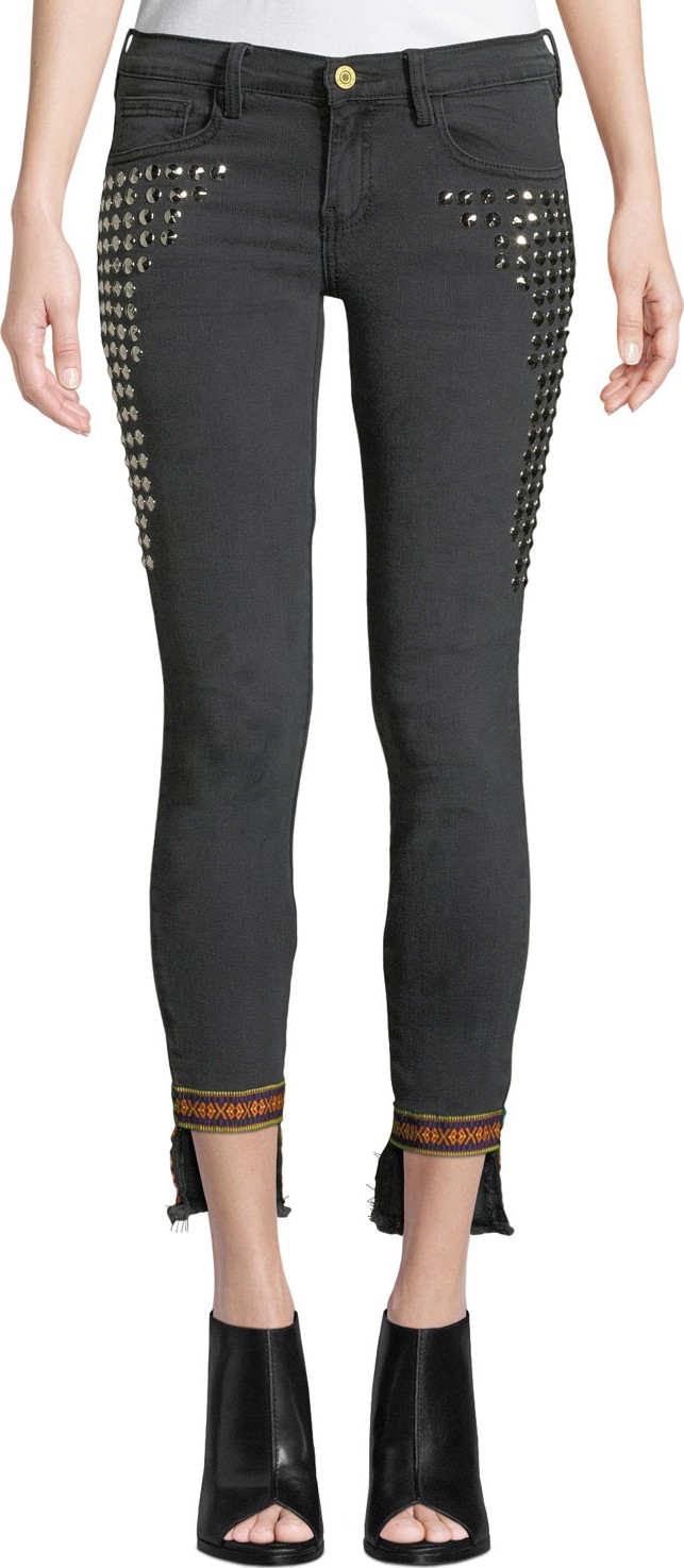 Etienne Marcel Studded Step-Hem Skinny Jeans with Trim