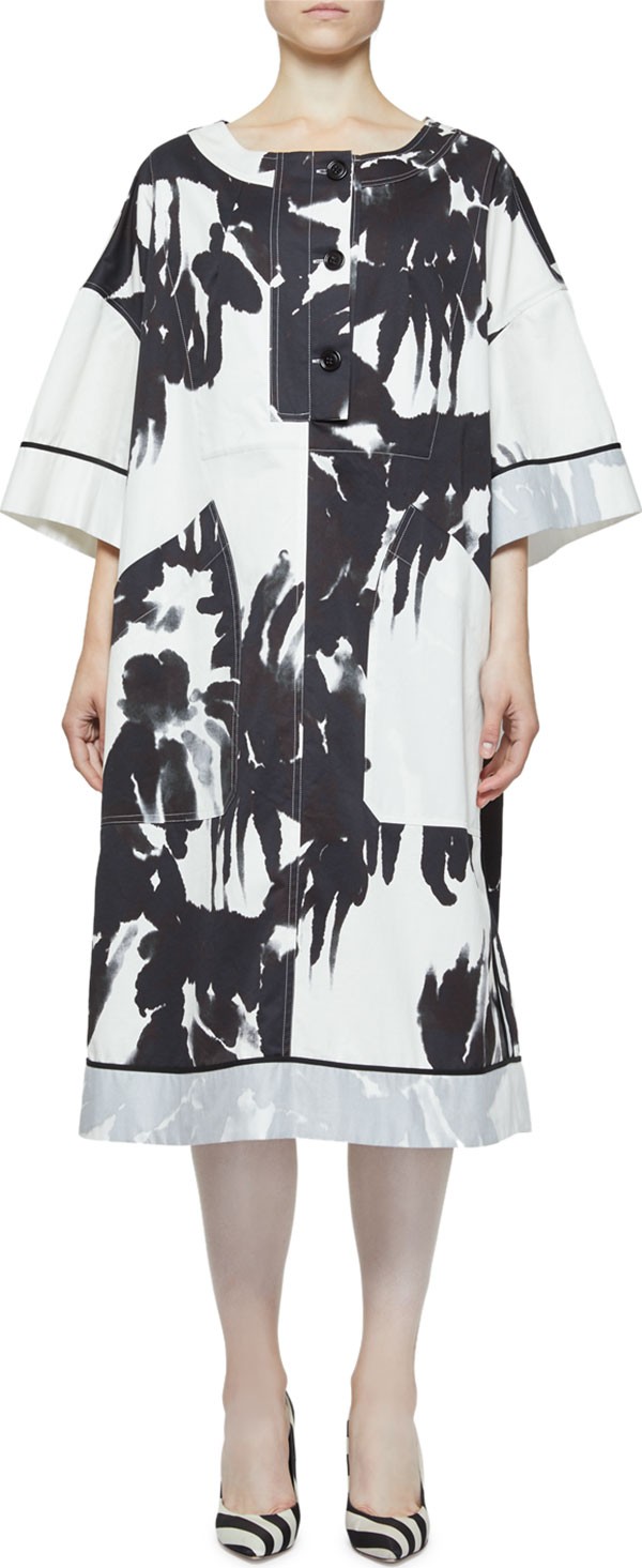 Dries Van Noten Danova Abstract Floral-Print Oversized Dress with Front Pockets