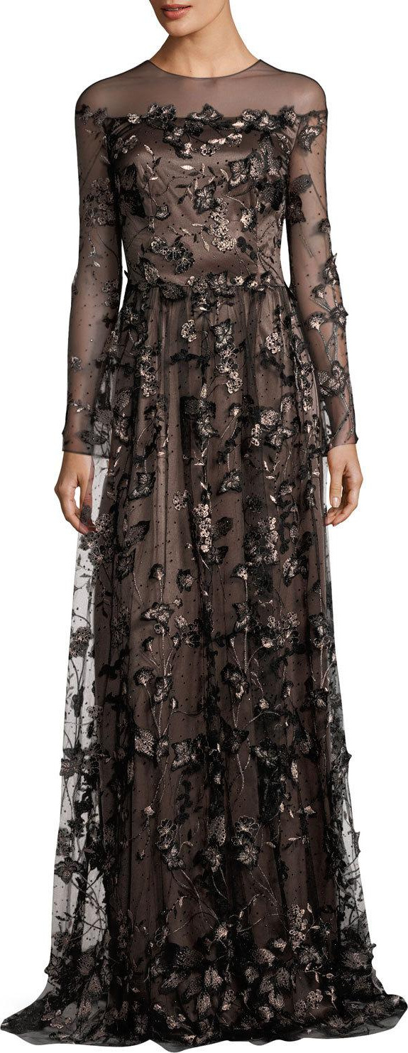 David Meister Long-Sleeve Floral Illusion Gown