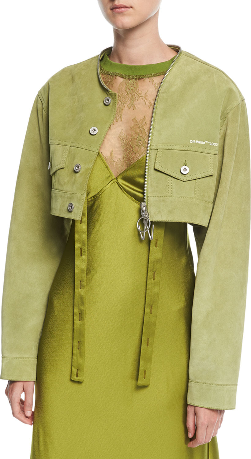 Off White Cropped Zip-Front Leather Jacket