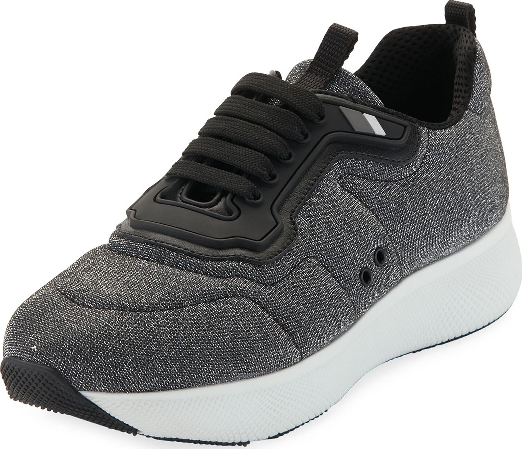 Prada Metallic Lace-Up Wedge Sneakers, Gray