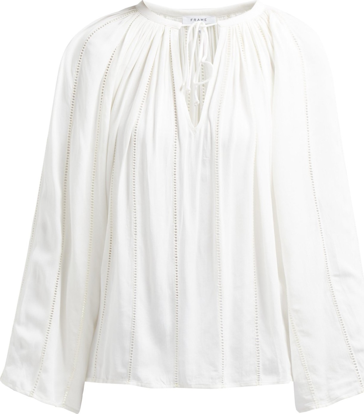 FRAME DENIM Lattice-trimmed tie-front peasant top