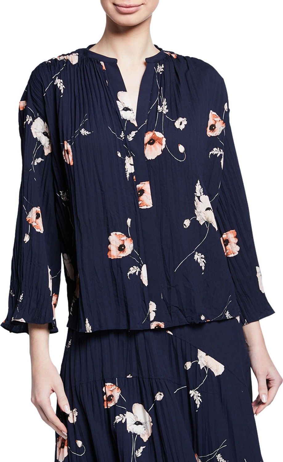 Vince Tossed Poppy 3/4-Sleeve Pleated Blouse