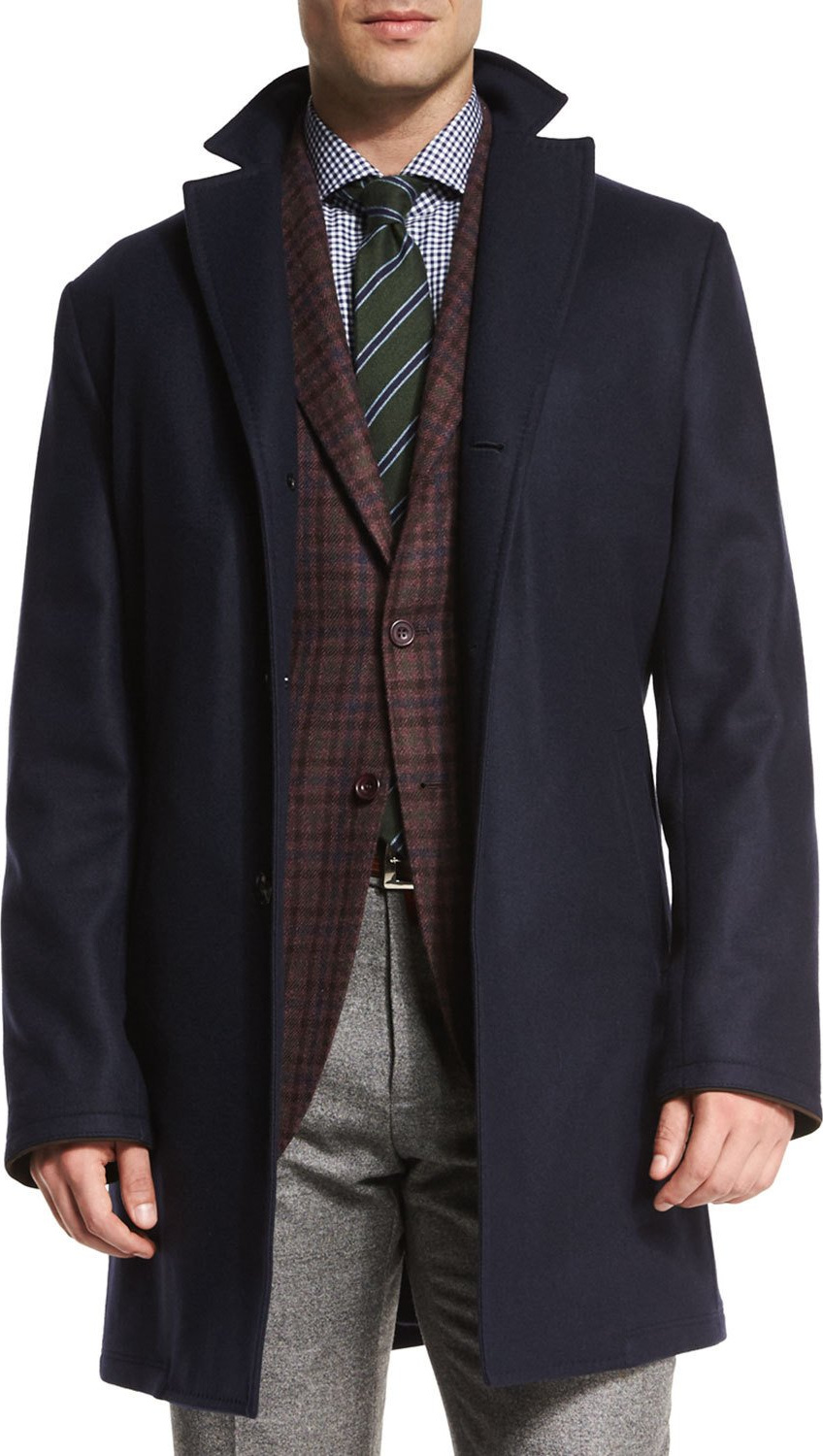 Kiton Cashmere Single-Breasted Car Coat, Navy