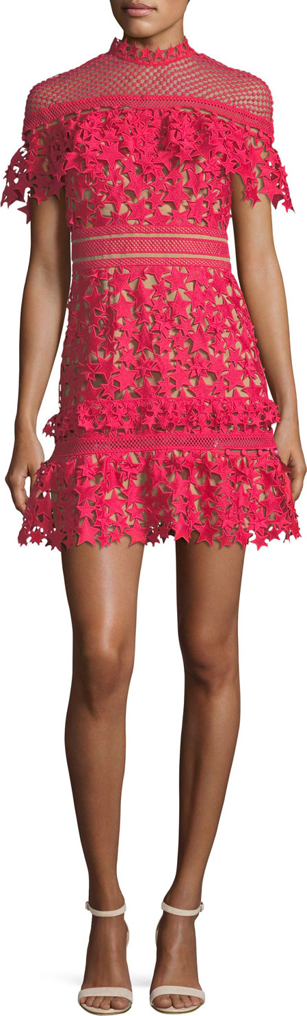 Self Portrait Star-Guipure Yoke Frill Mini Cocktail Dress