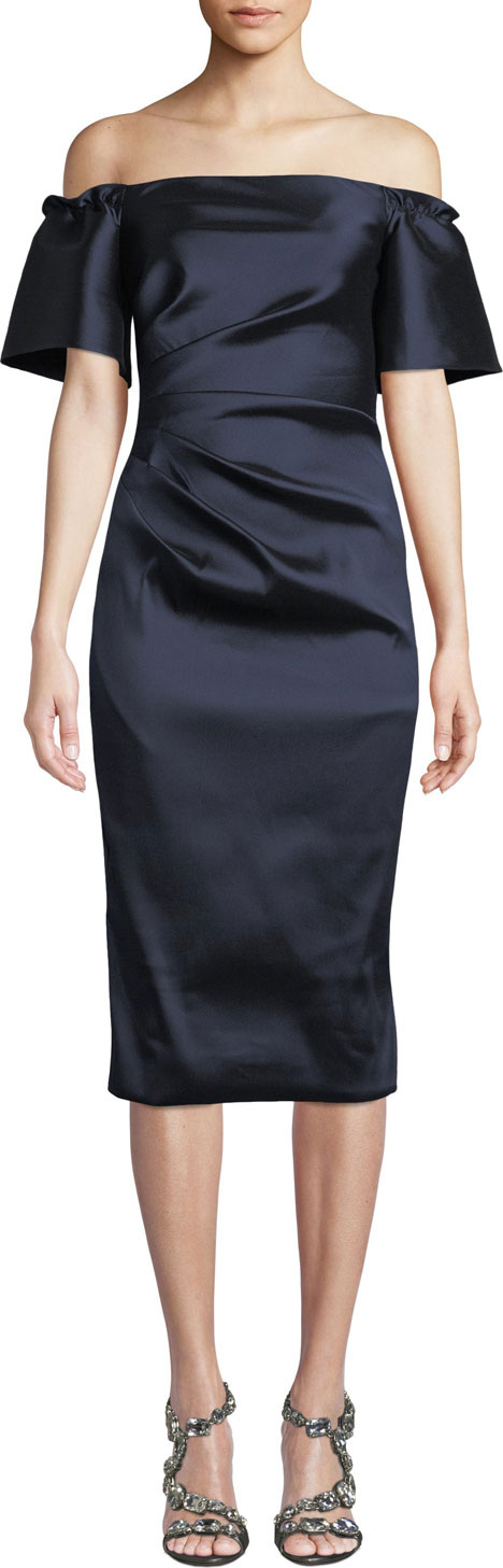 Theia Off-the-Shoulder Stretch Taffeta Dress