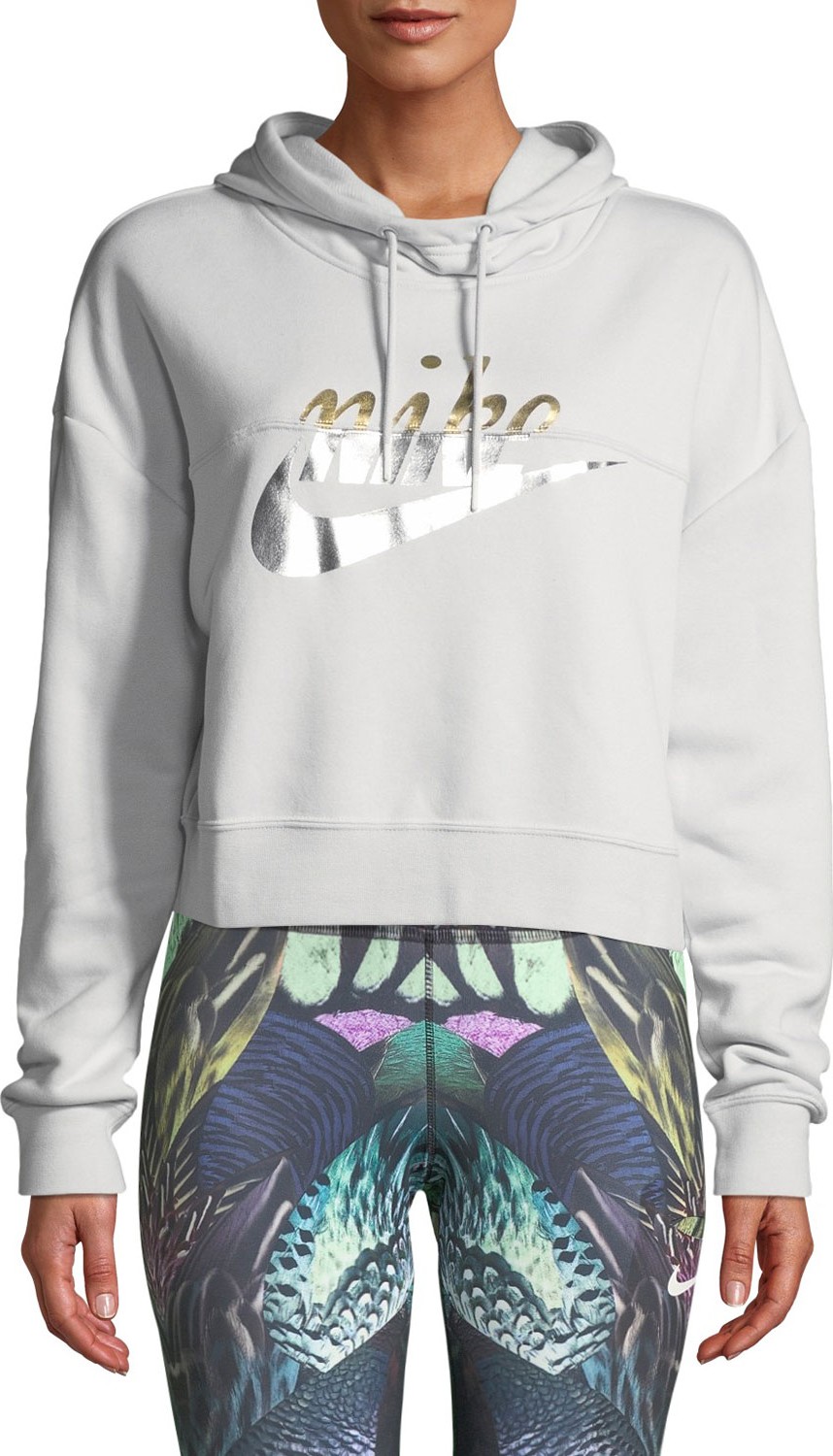 Nike Rally Metallic-Logo Crop Hoodie Sweatshirt