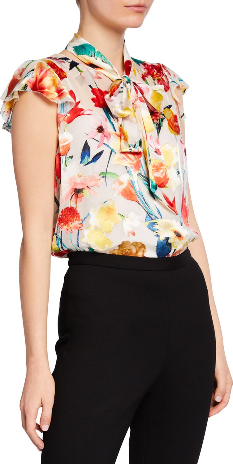 Elie Tahari Bryce Floral-Print Blouse with Detachable Neck-Tie Elie Tahari Bryce Floral-Print Blouse with Detachable Neck-Tie