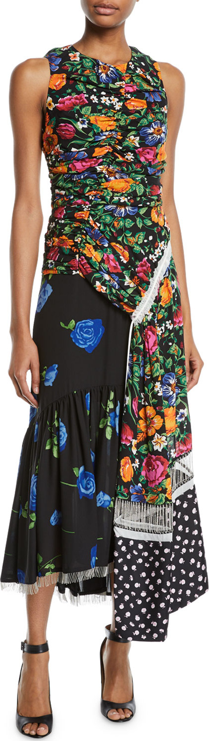 3.1 Phillip Lim Ruched Patchwork Floral Silk Dress with Chain Fringe