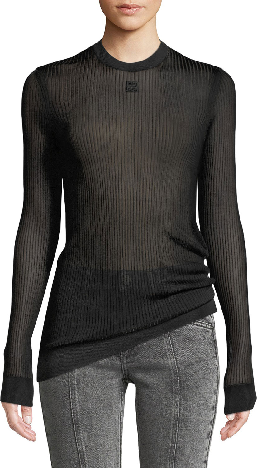 Givenchy Crewneck Long-Sleeve Sheer Ribbed Knit Top w/ 4G Logo