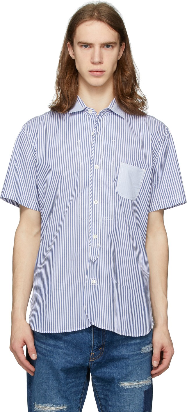 Junya Watanabe White & Blue Dobby Short Sleeve Shirt