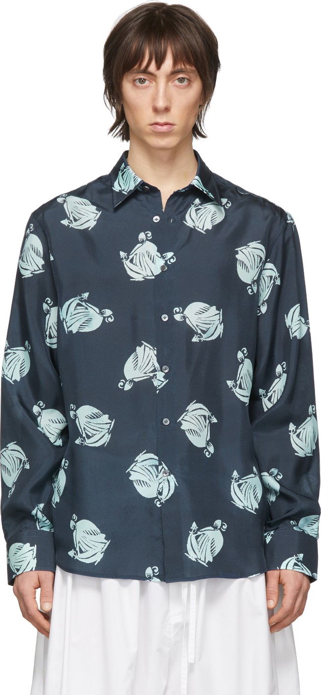 Lanvin Navy Silk Straight Shirt