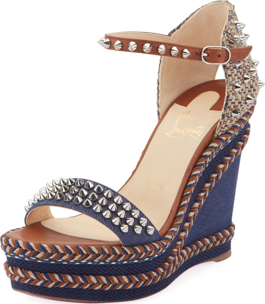 Christian Louboutin Madmonica 120mm Spiked Denim Wedge Red Sole Sandals