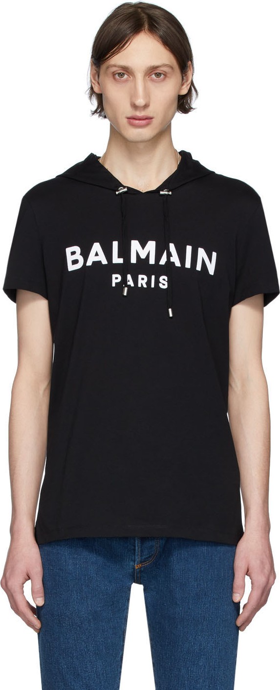 Balmain Black Logo Short Sleeve Hoodie