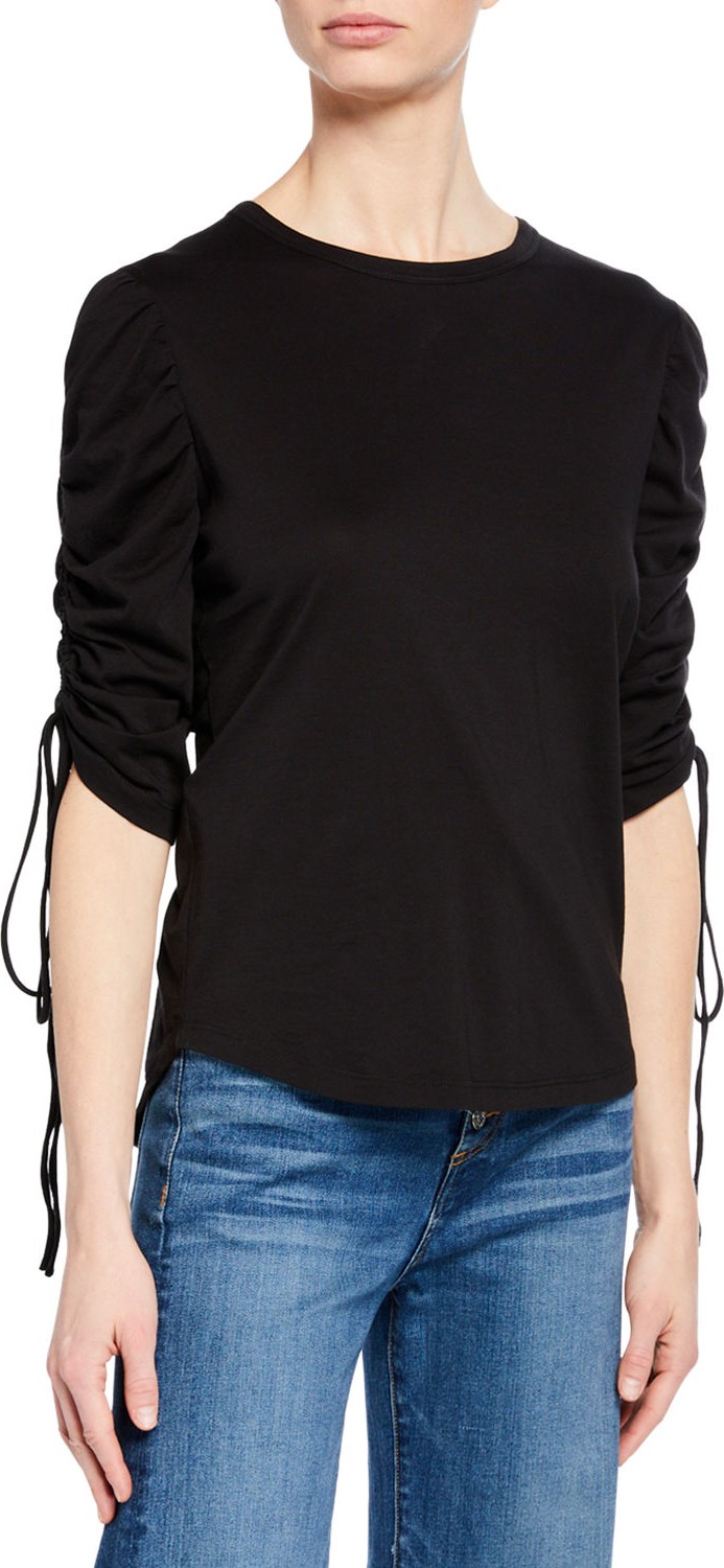 Veronica Beard Natalia Ruched-Sleeve Crewneck Top
