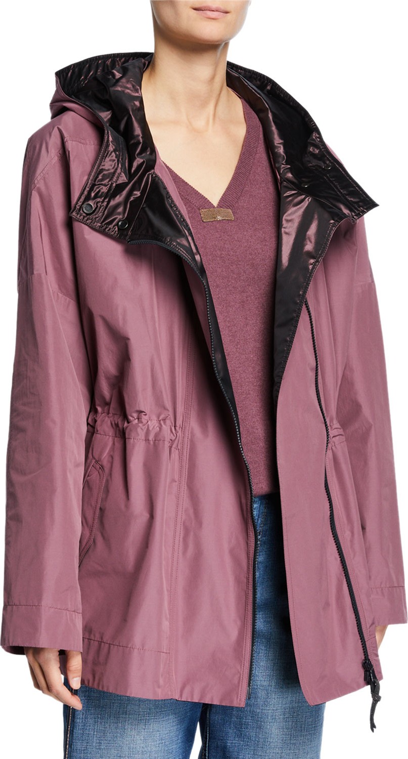 Brunello Cucinelli Taffeta Satin-Hooded Cinched-Waist Anorak Jacket