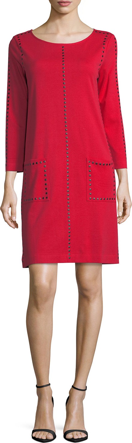 Joan Vass 3/4-Sleeve Embellished Shift Dress