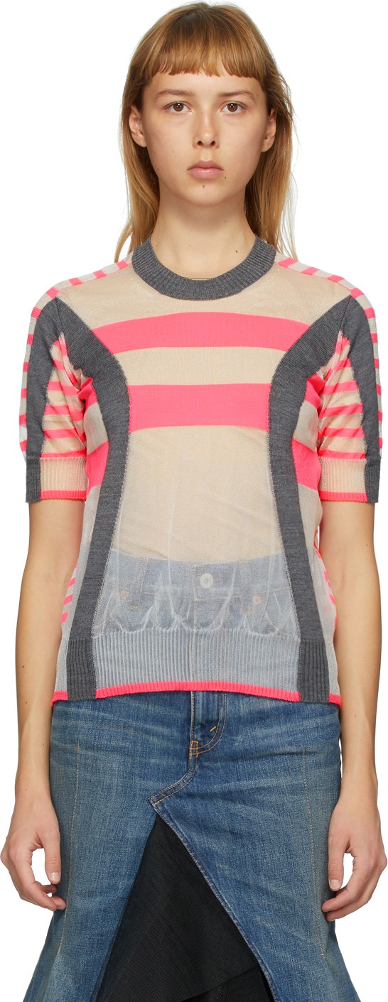 Junya Watanabe Grey & Pink Stripe Crewneck T-Shirt