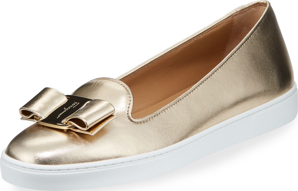 Salvatore Ferragamo Novello Metallic Leather Bow Sneakers
