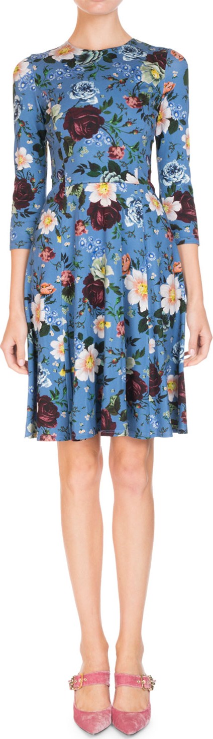Erdem Dione 3/4-Sleeve Wallpaper Floral Dress