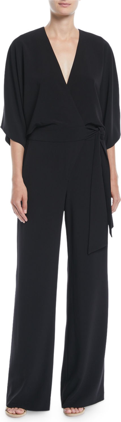Halston Wide-Leg 3/4-Sleeve Wrap-Front Jumpsuit w/ Tie Waist