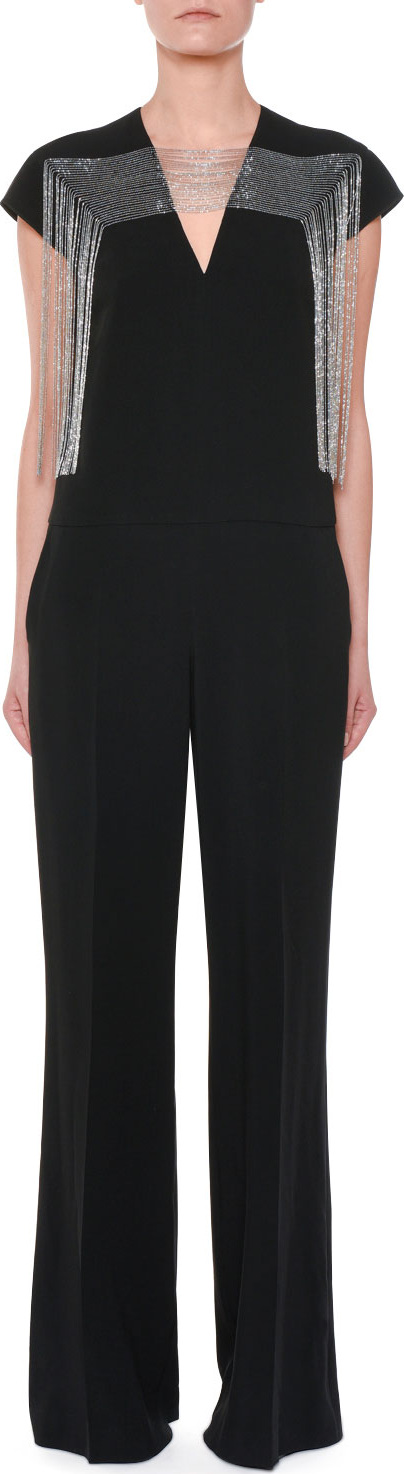 Stella McCartney Cap-Sleeve Multi-Chain Yoke Wide-Leg Jumpsuit
