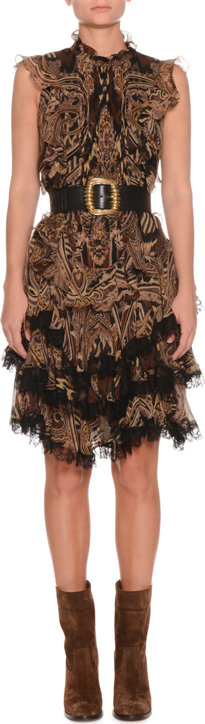 Etro Sleeveless Paisley-Print Silk Dress w/ Lace Trim