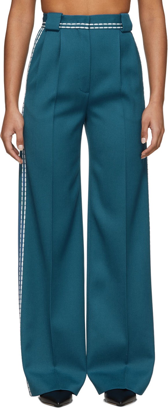 Fendi Blue High-Waisted White Stitch Trousers