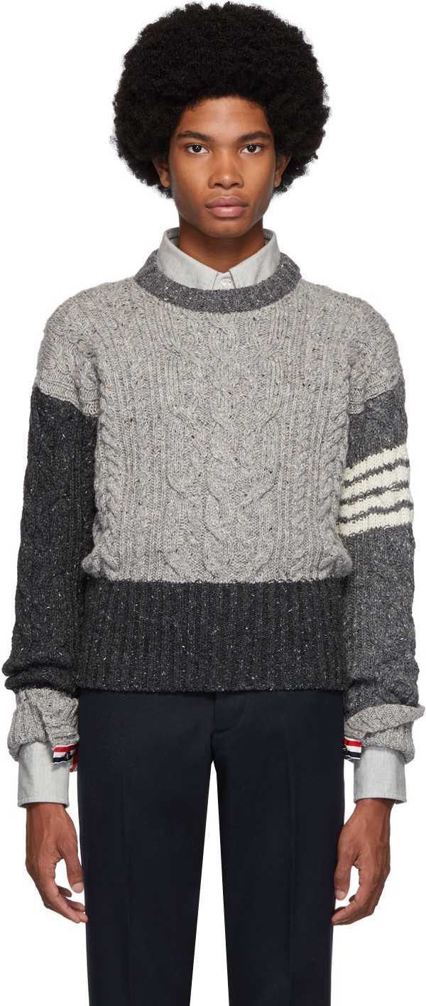 Thom Browne Grey Aran Cable Knit Crewneck Sweater