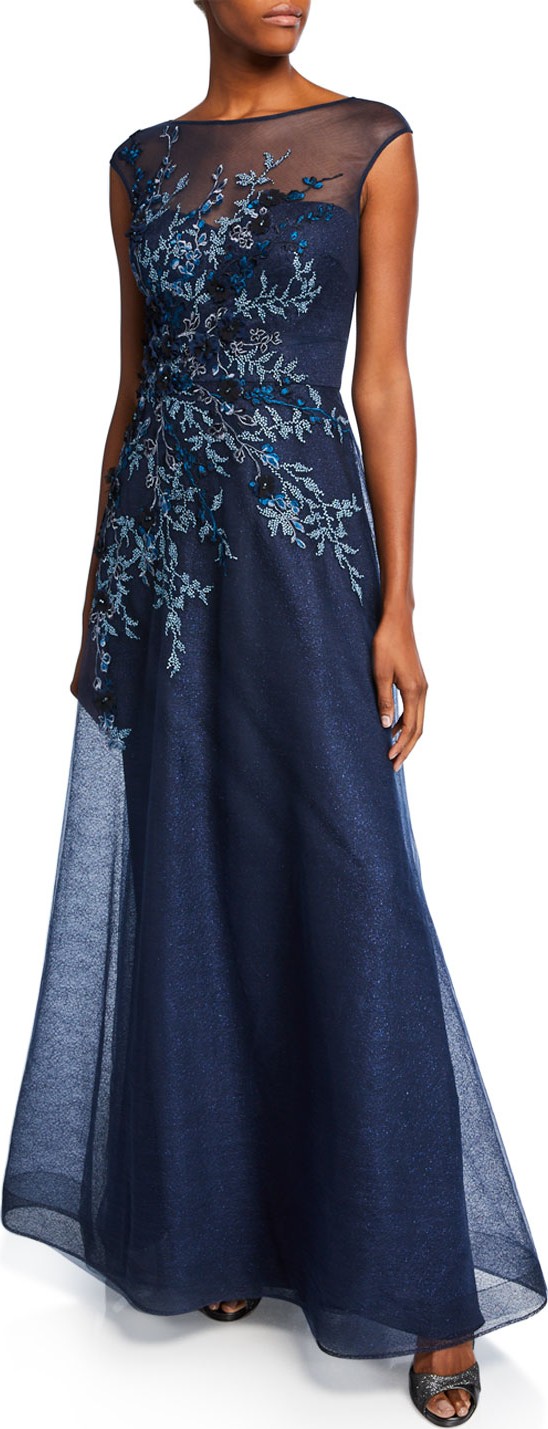 Rickie Freeman for Teri Jon Embellished Bateau-Neck Cap-Sleeve A-Line Dress