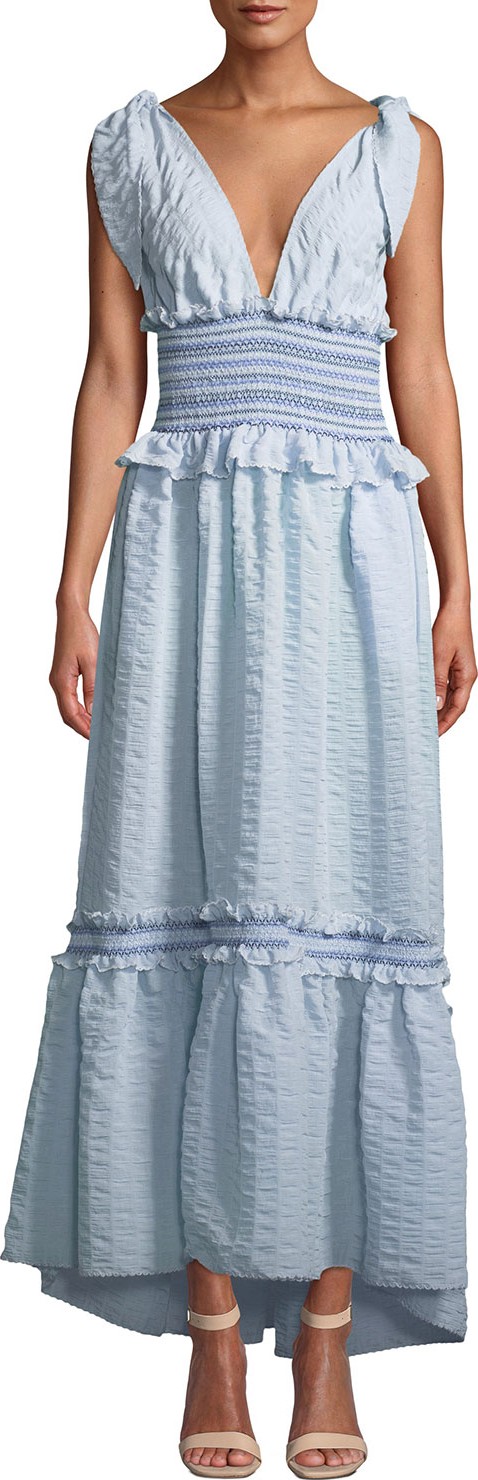Jonathan Simkhai Smocked V-Neck Ruffle Maxi Dress