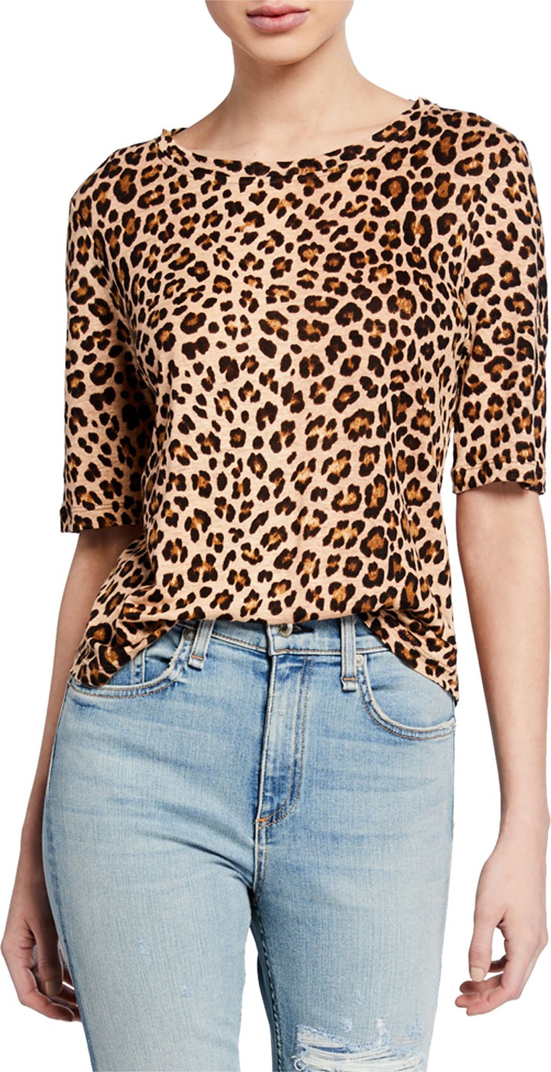 Rebecca Taylor Short-Sleeve Linen Leopard-Print Tee