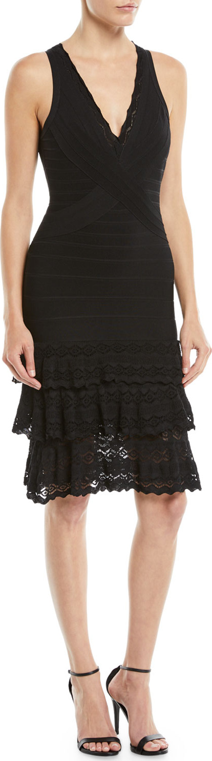 Herve Leger V-Neck Sleeveless Bandage Knit Body-Con Cocktail Dress w/ Lace