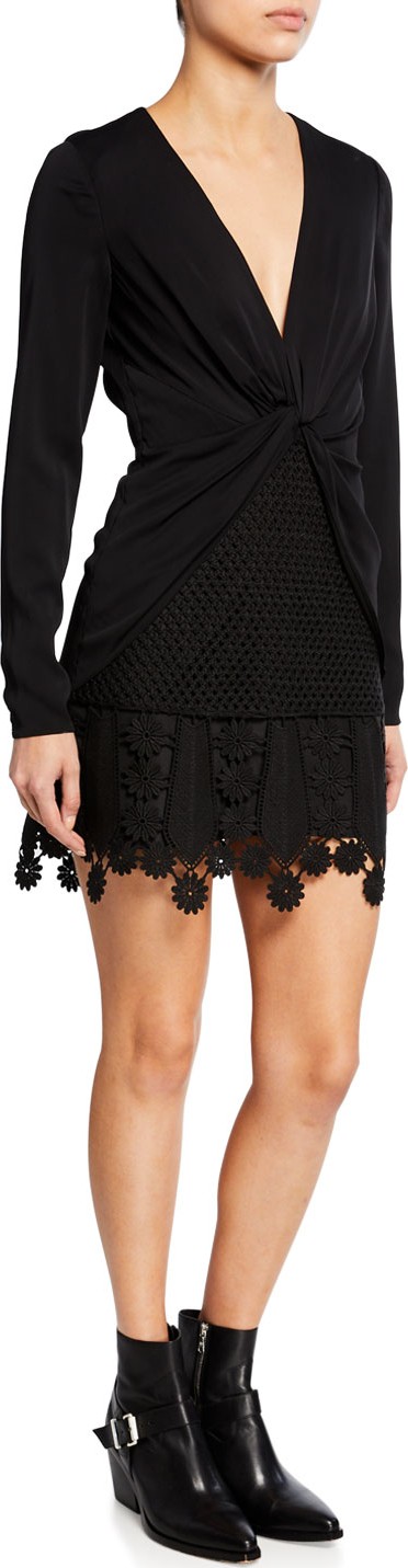 Self Portrait V-Neck Long-Sleeve Twist-Front Mini Dress