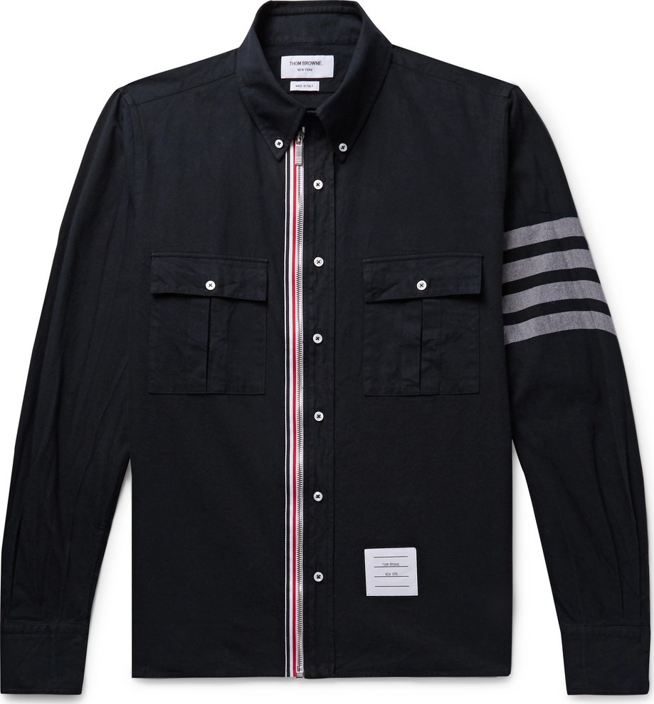 Thom Browne Button-Down Collar Grosgrain-Trimmed Cotton-Twill Zip-Up Shirt