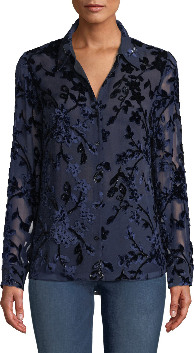 Elie Tahari Martha Long-Sleeve Button-Front Floral Devore Velvet Blouse
