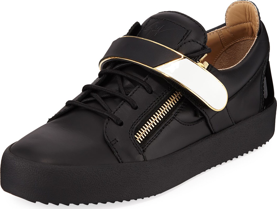 Giuseppe Zanotti Men's Double-Zip Low-Top Gold-Bar Sneakers Giuseppe Zanotti Men's Double-Zip Low-Top Gold-Bar Sneakers