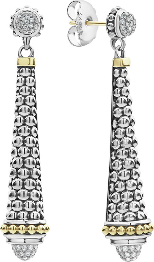 LAGOS Silver & 18k Gold Caviar Diamond Drop Earrings, 2"L