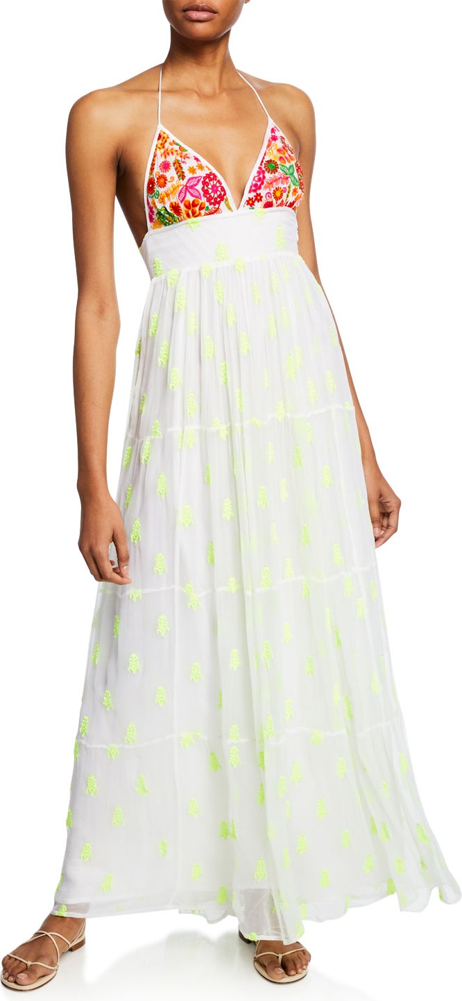 Tessora Lucia Embroidered Halter Tiered Maxi Dress