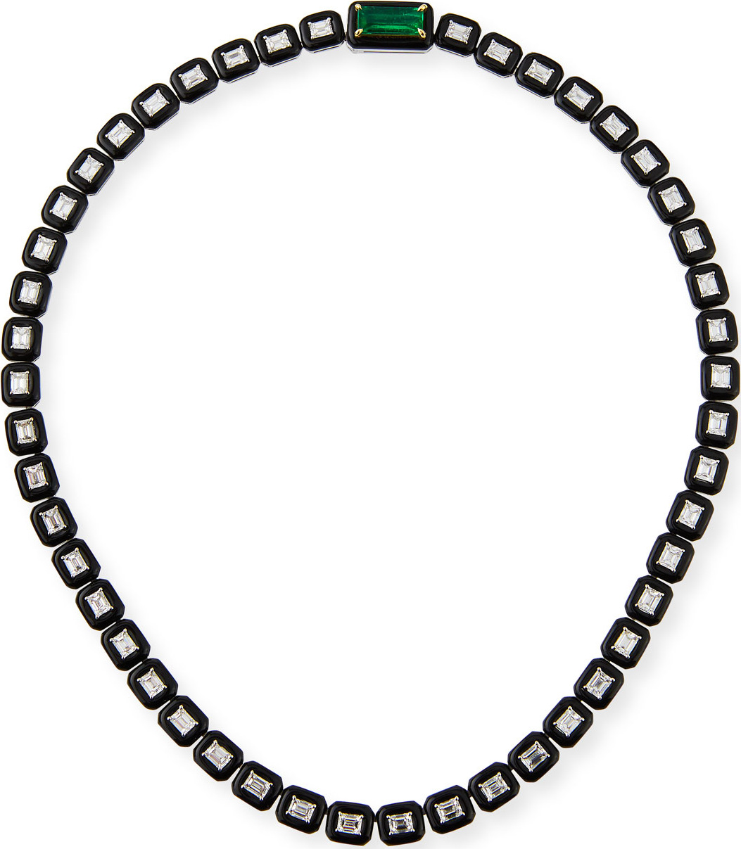 Nikos Koulis 18k Oui Diamond & Black Enamel Necklace w/ Emerald