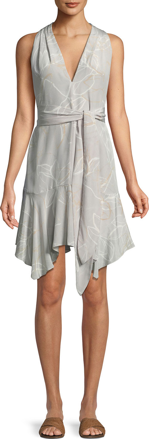 HALSTON HERITAGE Floral-Print V-Neck Dress with Sash