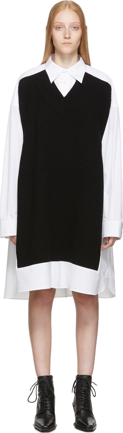 Maison Margiela White & Navy Cotton Poplin Dress