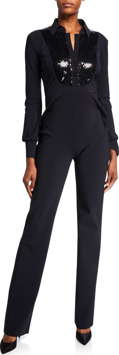La Petite Robe di Chiara Boni Sequin-Bib Long-Sleeve Tux Jumpsuit