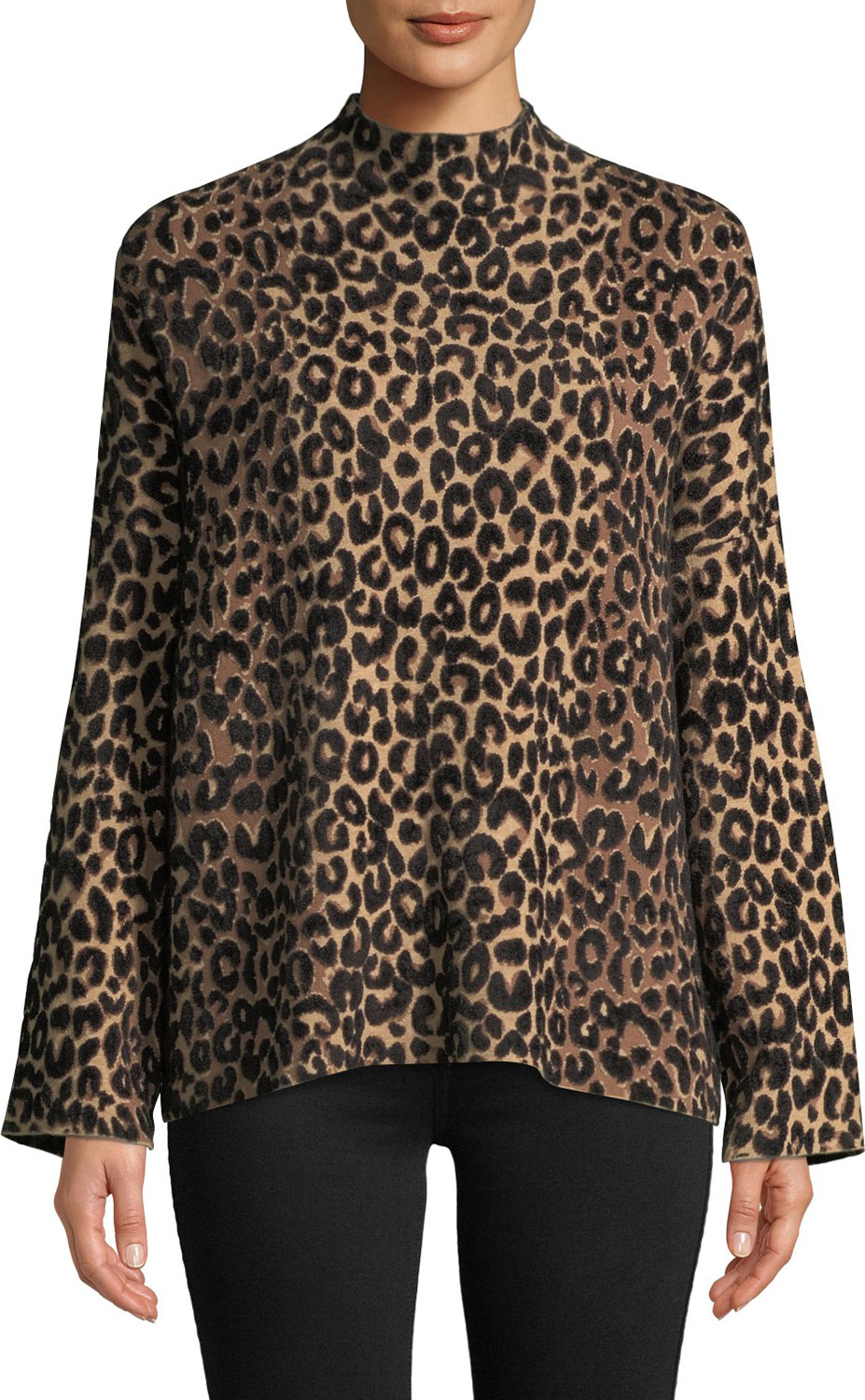 MILLY Mock-Neck Long-Sleeve Textured Cheetah Sweater