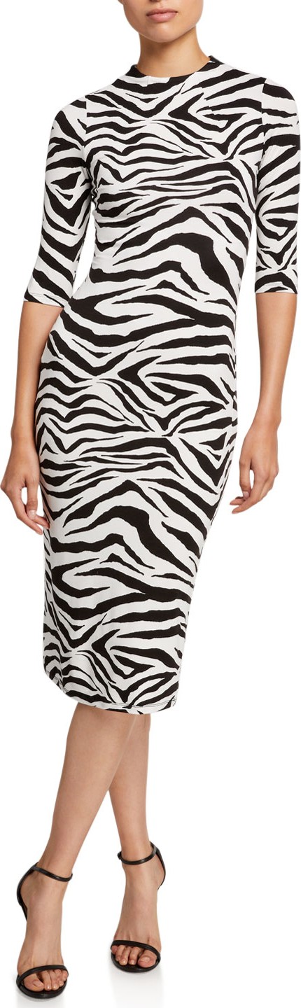 Alice + Olivia Delora Zebra-Print Mock-Neck 1/2-Sleeve Fitted Dress