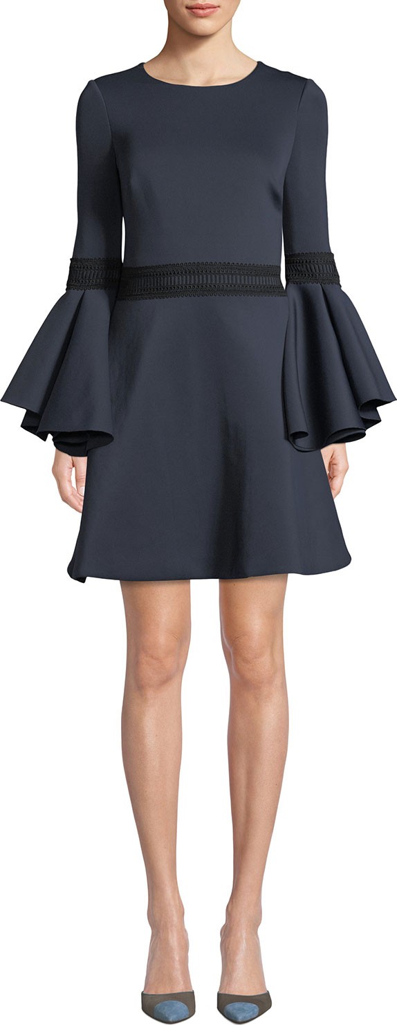 Badgley Mischka Oversized Trumpet-Sleeve Mini Dress