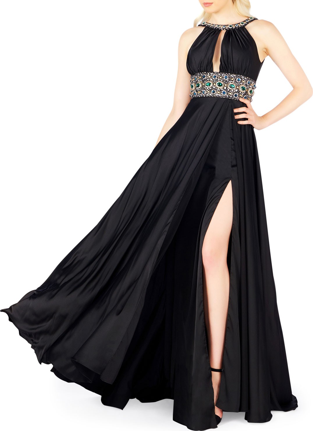 Mac Duggal Embellished Halter Beaded Empire-Waist Charmeuse Gown w/ High Slit
