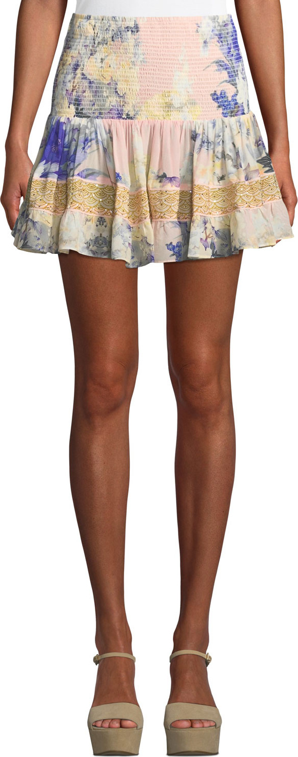 Camilla Shirred Floral-Print Smocked Mini Skirt